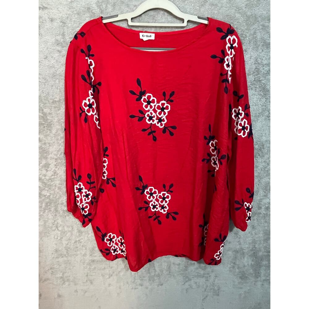 Kindred Blouse 3X Red Floral Embroidered Crinkle Fabric Boho Summer